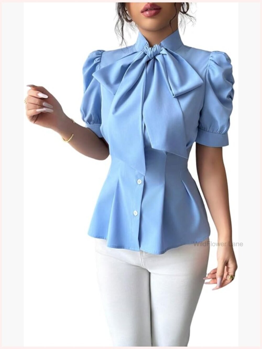Bow Tie Neck Blouse Button Up Puff Short Sleeve Peplum Top Dressy Shirt